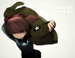  1girl alisa_(girls_und_panzer) bangs black_skirt brown_eyes brown_hair brown_jacket closed_mouth commentary_request dress_shirt dressing emblem english freckles frown girls_und_panzer grey_background grey_shirt hair_ornament jacket kuromorimine_school_uniform leaning_forward long_sleeves looking_at_viewer military military_uniform miniskirt pleated_skirt saunders_military_uniform school_uniform shirt short_hair short_twintails skirt solo standing star star_hair_ornament susumu twintails uniform upper_body 