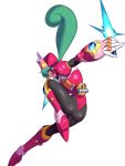  1girl android armor ass blue_eyes boots breasts capcom energy_blade energy_sword female gloves green_hair helmet holding holding_weapon knee_boots leg_up leotard long_hair looking_back marino ninja outstretched_arm pantyhose pink_footwear ponytail rockman rockman_x rockman_x_command_mission simple_background smile solo sword ukimukai weapon white_background white_gloves 