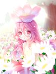  1girl blush commentary_request crying crying_with_eyes_open field flower flower_field flower_on_head highres long_hair looking_at_viewer original parted_lips pink_eyes pink_hair rai_miruku tears twitter_username 