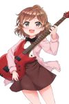 1girl bang_dream! brown_eyes brown_hair brown_skirt cardigan character_request electric_guitar guitar highres instrument naitou_kirara open_mouth pink_cardigan ponytail shirt short_hair simple_background skirt smile solo white_background white_shirt 