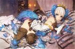  1girl armlet armor armor_removed armored_dress bare_shoulders bed belt blue_eyes boots breasts canopy_bed choker cleavage commentary_request crown curtains dated dress elbow_gloves feathers gloves greaves gwendolyn highres looking_at_viewer lying medium_breasts multicolored multicolored_wings odin_sphere on_side ooyari_ashito parted_lips pillow short_hair signature solo strapless strapless_dress thigh-highs thigh_boots white_hair wings 