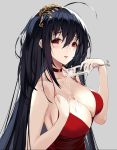  1girl ahoge alcohol augu_(523764197) azur_lane bangs bare_shoulders black_hair blush breasts choker cleavage collarbone cup dress drinking_glass eyebrows_visible_through_hair glass hair_between_eyes hair_ornament large_breasts long_hair looking_at_viewer red_dress red_eyes solo taihou_(azur_lane) very_long_hair wine wine_glass 