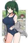  2girls :d antenna_hair bangs bare_arms bare_legs bare_shoulders barefoot blue_swimsuit blush breasts brown_hair chibi collarbone day drawstring drill_hair eyebrows_visible_through_hair green_eyes green_hair grey_jacket hair_between_eyes hood hood_down hooded_jacket jacket large_breasts long_sleeves looking_at_viewer multiple_girls off_shoulder one-piece_swimsuit open_mouth parted_lips river saki school_swimsuit shisoneri sidelocks sitting sleeves_past_wrists smile standing swimsuit takimi_haru twintails usuzumi_hatsumi water |_| 