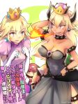  1boy 2girls absurdres adapted_costume aqua_earrings artist_name bangs bare_shoulders black_dress blonde_hair blue_eyes blush bowsette bracelet breasts brooch cabbie_hat cleavage clenched_hands collar commentary_request cover cover_page cowboy_shot crown doujin_cover dress elbow_gloves eyebrows_visible_through_hair gloves grey_dress hand_in_hair hand_on_hip hand_to_own_mouth hands_up hat highres horns jewelry large_breasts long_hair long_ponytail long_sleeves looking_at_another super_mario_bros. medium_breasts mineta_naoki multiple_girls new_super_mario_bros._u_deluxe nintendo open_mouth overalls pink_dress princess_peach puffy_short_sleeves puffy_sleeves purple_earrings raised_eyebrow red_hat red_shirt sharp_teeth shiny shiny_clothes shiny_hair shiny_skin shirt short_hair short_sleeves side_slit sidelocks smile spiked_bracelet spiked_collar spiked_shell spiked_tail spiked_thighlet spikes strapless strapless_dress super_crown sweatdrop teeth thick_eyebrows thighs thinking toned translation_request upset violet_eyes waist_cape white_background white_gloves wide_ponytail 
