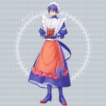  1boy apron arm_belt belt blue_dress blue_footwear blue_gloves creatures_(company) crossdressinging dress earrings full_body game_freak gen_3_pokemon gloves grey_background hair_between_eyes highres jewelry kasuka108 looking_at_viewer maid maid_headdress male_focus neck_belt nintendo personification pokemon puffy_sleeves red_apron red_eyes simple_background standing swellow tail thick_eyebrows 