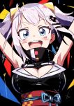  1girl :d absurdres black_background blue_eyes blush breasts cleavage commentary_request d-pad d-pad_hair_ornament eyebrows_visible_through_hair hair_ornament hairclip hands_up highres kaguya_luna kaguya_luna_(character) large_breasts long_hair looking_at_viewer obi open_mouth purple_hair revision round_teeth sash smile solo tama_(tama-s) teeth twintails upper_body virtual_youtuber 