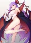  1girl ass bare_shoulders bb_(fate)_(all) bb_(swimsuit_mooncancer)_(fate) breasts closed_mouth demon_wings eyebrows_visible_through_hair fate/grand_order fate_(series) gradient gradient_background hair_ribbon high_heels highleg highleg_swimsuit large_breasts legs long_hair looking_at_viewer nishino_(waero) one-piece_swimsuit patreon_logo patreon_username purple_hair ribbon robe simple_background solo swimsuit very_long_hair violet_eyes white_swimsuit wings 