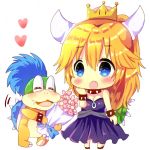  1boy 1girl :o bangs bare_shoulders black_collar black_dress blonde_hair blue_eyes blue_hair blush bouquet bowsette bracelet chibi chocolat_(momoiro_piano) closed_eyes collar commentary_request crown dress eyebrows_visible_through_hair fang flower hair_between_eyes hand_up heart holding holding_bouquet jewelry larry_koopa long_hair super_mario_bros. mini_crown new_super_mario_bros._u_deluxe nintendo open_mouth pink_flower ponytail simple_background spiked_bracelet spiked_collar spiked_shell spikes standing strapless strapless_dress super_crown turtle_shell very_long_hair white_background 