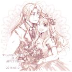  1boy 1girl 2018 ;d bangs bare_shoulders bouquet couple dated dress edward_elric elbow_gloves english eyebrows_visible_through_hair floating_hair flower formal fullmetal_alchemist gloves hands_on_another&#039;s_shoulders happy head_wreath height_difference hetero holding honeycomb_(pattern) honeycomb_background jewelry long_hair looking_at_another looking_down looking_up monochrome necklace necktie one_eye_closed open_mouth pearl_necklace shaded_face simple_background smile suit text_focus tsukuda0310 wedding_dress white_background winry_rockbell 