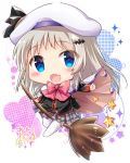  1girl :d bangs bat_hair_ornament beret black_shirt blue_eyes blush bow broom broom_riding brown_cape cape chibi commentary_request eyebrows_visible_through_hair fang full_body grey_skirt hair_ornament hat heart light_brown_hair little_busters!! long_hair long_sleeves maruma_(maruma_gic) multicolored multicolored_cape multicolored_clothes no_shoes noumi_kudryavka open_mouth outstretched_arm pink_bow plaid plaid_skirt pleated_skirt school_uniform shirt signature skirt smile solo sparkle thigh-highs very_long_hair white_background white_cape white_hat white_legwear 