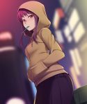  1girl blurry blush candy depth_of_field dutch_angle eyebrows_visible_through_hair food from_side hands_in_pockets high_score_girl honda_naoki hood hoodie lollipop long_hair looking_at_viewer mouth_hold night oono_akira outdoors parted_lips pleated_skirt purple_hair red_eyes skirt solo standing 