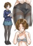  1girl adjusting_bra adjusting_clothes bangs black_bow black_footwear black_legwear black_neckwear blue_bra blue_eyes blue_panties blue_skirt blue_sweater bow bow_bra bow_panties bra braid closed_eyes closed_mouth commentary cropped_legs crotch_seam dress_shirt eighth_note emblem girls_und_panzer hair_bow highres holding_teapot lace lace-trimmed_bra lace-trimmed_panties legs lifted_by_self loafers long_sleeves looking_at_viewer miniskirt multiple_views musical_note necktie orange_hair orange_pekoe panties pantyhose pantyhose_lift parted_bangs pleated_skirt school_uniform shirt shoes short_hair skirt smile st._gloriana&#039;s_(emblem) st._gloriana&#039;s_school_uniform standing sweater thighband_pantyhose tied_hair twin_braids underwear v-neck white_shirt wing_collar yamano_rita 