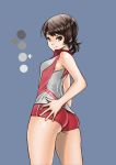  1girl ass bangs blue_background breasts brown_eyes brown_hair closed_mouth color_guide commentary cowboy_shot girls_und_panzer hand_on_hip highres kawanishi_shinobu looking_at_viewer looking_back red_shirt red_shorts shirt short_hair short_ponytail short_shorts shorts sideboob simple_background single_vertical_stripe sleeveless sleeveless_shirt small_breasts smile solo sportswear standing swept_bangs volleyball_uniform yamano_rita 