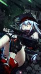  1girl absurdres artist_logo assault_rifle bangs blurry blurry_background blush blush_stickers boots brown_eyes bullpup closed_mouth convenient_leg dirty explosion eyebrows_visible_through_hair g11 g11_(girls_frontline) girls_frontline gun hair_between_eyes hat heckler_&amp;_koch highres holding holding_weapon jacket knee_pads knees_together_feet_apart leg_strap long_hair looking_at_viewer mahousho one_eye_closed open_clothes open_mouth rain rifle scarf scarf_on_head scope shirt shorts shoulder_cutout sidelocks silver_hair single_legging sitting smoke solo sweatdrop thigh_strap very_long_hair weapon wet 