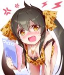  1girl akazawa_red anger_vein animal_print bangs black_hair blush book bottomless breasts cleavage hair_ribbon holding idolmaster idolmaster_cinderella_girls jewelry leopard_print long_hair looking_at_viewer matoba_risa necklace open_mouth ribbon simple_background solo tears twintails white_background yellow_eyes 