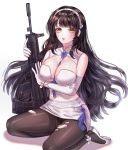  1girl assault_rifle bangs between_breasts black_hair blcackup blunt_bangs blush breasts brown_legwear bullpup eyebrows_visible_through_hair flower girls_frontline gloves gun hair_flower hair_ornament hairband highres holding holding_weapon large_breasts long_hair looking_at_viewer navel open_mouth pantyhose qbz-95 qbz-95_(girls_frontline) revision rifle shoes simple_background sitting skirt solo torn_clothes torn_pantyhose very_long_hair weapon white_background white_gloves white_hairband white_skirt yellow_eyes 