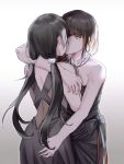  2girls alternate_costume artist_request ass_grab black_dress black_hair commentary_request dress eyepatch girls_frontline highlights hug kiss m16a1_(girls_frontline) multicolored_hair multiple_girls ro635_(girls_frontline) scar scar_across_eye strapless strapless_dress twintails white_hair yuri 