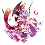  1girl ascot bat_(animal) bat_wings blue_hair closed_mouth full_body game_cg hat hat_ribbon highres looking_at_viewer mob_cap pink_headwear pink_shirt pink_skirt red_ascot red_eyes red_ribbon remilia_scarlet ribbon rotte_(1109) shirt short_hair short_sleeves simple_background skirt solo third-party_source touhou touhou_lost_word white_background white_footwear wings wrist_cuffs 