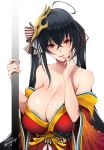  1girl ahoge azur_lane bangs bare_shoulders black_hair blush breasts cleavage collarbone crossed_bangs dated eyebrows_visible_through_hair feathers hair_between_eyes hair_ornament hair_ribbon hand_to_own_face head_tilt highres huge_breasts japanese_clothes kimono large_breasts long_hair looking_at_viewer mask mask_on_head mine_(wizard) obi off_shoulder open_mouth red_eyes red_kimono ribbon sagging_breasts sash sidelocks simple_background skindentation smile solo taihou_(azur_lane) upper_body very_long_hair white_background wide_sleeves 