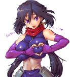  1girl amania_orz ayame_(gundam_build_divers) bangs bare_shoulders blush breasts commentary_request elbow_gloves gloves gundam gundam_build_divers hair_between_eyes heart heart-shaped_boob_challenge heart_hands japanese_clothes large_breasts long_hair looking_at_viewer ninja open_mouth red_scarf scarf shiny shiny_hair shiny_skin simple_background solo translated upper_body violet_eyes white_background 