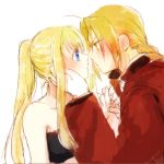  1boy 1girl ahoge annoyed antenna_hair bangs bare_shoulders black_tubetop blonde_hair blue_eyes blush braid close-up coat collarbone couple edward_elric eye_contact eyebrows_visible_through_hair eyes_visible_through_hair face face-to-face fingernails from_side fullmetal_alchemist gloves hand_holding hand_on_another&#039;s_cheek hand_on_another&#039;s_face hand_up hetero highres jacket long_hair long_sleeves looking_at_another neck nervous noses_touching ponytail profile red_coat red_jacket serious sidelocks simple_background strapless sweatdrop tsukuda0310 tubetop upper_body white_background white_gloves winry_rockbell yellow_eyes 