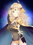  1girl ahoge blonde_hair blue_eyes breasts cape center_opening circlet cleavage closed_mouth covered_navel fire_emblem fire_emblem_if highres long_hair nagisa_fe night night_sky nintendo one_eye_closed ophelia_(fire_emblem_if) sky solo star_(sky) 