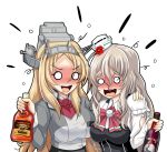  2girls alcohol ascot blonde_hair blush bottle bow bowtie braid breasts corset drunk french_braid grey_hair hair_between_eyes hat headgear highres kantai_collection large_breasts light_brown_hair long_hair long_sleeves medium_breasts military military_uniform mini_hat multiple_girls nelson_(kantai_collection) open_mouth pencil_skirt pola_(kantai_collection) red_neckwear shirt simple_background skirt smile thick_eyebrows tk8d32 uniform wavy_hair whiskey white_background white_shirt wine 