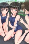  3girls bang_dream! barefoot black_hair blush breasts brown_eyes brown_hair character_request goggles goggles_removed hair_bun highres kneeling long_hair medium_breasts multiple_girls naitou_kirara one-piece_swimsuit open_mouth school_swimsuit short_hair sitting small_breasts swimsuit violet_eyes 