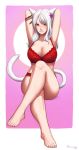  1girl 2018 animal_ears armpits arms_behind_head artist_name barefoot blush bra breasts cat_ears cat_tail cleavage commentary commission feet flower full_body hair_flower hair_ornament highres large_breasts legs_crossed long_hair looking_at_viewer orange_eyes panties parted_lips pink_background razalor red_bra red_panties simple_background smile solo tail tattoo underwear underwear_only whisker_markings white_hair 