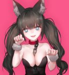  1girl animal_ear_fluff animal_ears bangs bare_shoulders black_dress blue_eyes breasts brown_hair chain_between_breasts chains character_request choker cleavage collarbone dress long_hair looking_at_viewer open_mouth paw_pose pink_background qidai red_choker solo twintails upper_teeth 