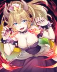  1girl absurdres armlet bare_shoulders black_background black_dress black_nails blonde_hair blue_eyes bowsette bracelet breasts cleavage collar crown dress earrings eyebrows_visible_through_hair fire hair_between_eyes hands_up high_ponytail highres horns jewelry large_breasts leaning_forward long_hair looking_at_viewer super_mario_bros. nail_polish new_super_mario_bros._u_deluxe nintendo pointy_ears ponytail sharp_teeth solo spiked_armlet spiked_bracelet spiked_collar spikes super_crown suprejunior tail teeth 