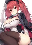  1girl ass azur_lane bangs black_jacket black_legwear black_ribbon blush breasts brown_legwear cleavage closed_mouth collarbone curvy dress elbow_gloves eyebrows_visible_through_hair gloves hair_ribbon hand_on_headwear hat honolulu_(azur_lane) jacket jacket_on_shoulders large_breasts long_hair looking_at_viewer open_clothes open_jacket peaked_cap red_eyes redhead ribbon short_dress sidelocks simple_background skindentation solo taut_clothes taut_dress thigh-highs thighs twintails white_background white_gloves yuzu-aki 