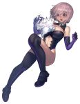  1girl :o absurdres black_footwear black_leotard boots creature elbow_gloves fate/grand_order fate_(series) fou_(fate/grand_order) full_body gloves highres lavender_hair leotard looking_at_another mash_kyrielight navel_cutout open_mouth purple_gloves short_hair simple_background sungwon thigh-highs thigh_boots violet_eyes white_background wide-eyed 