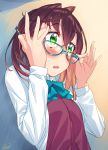  1girl adjusting_eyewear blew_andwhite blush bow bowtie brown_hair glasses_day green_eyes highres kantai_collection long_sleeves looking_away multicolored_hair okinami_(kantai_collection) open_mouth short_hair solo two-tone_hair upper_body 