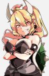  1girl black_collar black_dress blonde_hair bowsette bracelet collar dress fingernails gokuu_(acoloredpencil) highres horns jewelry super_mario_bros. new_super_mario_bros._u_deluxe nintendo pointy_ears red_eyes sharp_teeth solo spiked_armlet spiked_bracelet spiked_collar spiked_shell spikes strapless strapless_dress super_crown teeth turtle_shell 