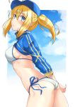  1girl arms_behind_back artoria_pendragon_(all) baseball_cap bikini blonde_hair blue_eyes blue_hat blue_sky breasts clouds cowboy_shot fate/grand_order fate_(series) hair_through_headwear hat highres long_hair looking_at_viewer m_kong medium_breasts mysterious_heroine_xx_(foreigner) ponytail shrug_(clothing) side-tie_bikini sky solo swimsuit white_bikini 