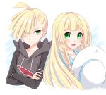 1boy 1girl blonde_hair braid brother_and_sister closed_mouth creatures_(company) crossed_arms game_freak gladio_(pokemon) green_eyes hair_over_one_eye hat holding holding_hat hood hood_down hoodie lillie_(pokemon) long_hair long_sleeves nintendo open_mouth pokemon pokemon_(game) pokemon_sm short_hair siblings stardrop sun_hat torn_clothes torn_sleeves twin_braids twitter_username white_hat 
