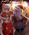  2017 2girls absurdres bangs blue_gloves blue_scarf blunt_bangs blush bow brown_gloves brown_scarf christmas commentary_request door earmuffs facing_another fujiwara_no_mokou gloves grin hair_bow hands_together hat highres indo_(mdtanaka2007) jacket kamishirasawa_keine lantern long_hair long_sleeves looking_at_another merry_christmas multiple_girls open_clothes open_jacket pants red_pants santa_hat scarf silver_hair smile snowing stairs star_(sky) suspenders touhou very_long_hair white_bow white_hair 