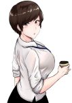  1girl :o badge bangs blush breasts brown_eyes brown_hair coffee_cup collared_shirt cup deroo disposable_cup dress_shirt earrings formal holding holding_cup id_card jewelry lanyard large_breasts looking_to_the_side miniskirt name_tag office_lady ol-chan_(norman_maggot) original parted_lips pencil_skirt pixie_cut shirt short_hair skirt sleeves_rolled_up swept_bangs white_shirt 