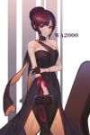  1girl absurdres alternate_hairstyle bag bare_shoulders braided_bun breasts character_name choker collarbone dress evening_gown frown girls_frontline gloves handbag highres holding_own_arm ilja instrument_case red_eyes redhead revision solo wa2000_(girls_frontline) 