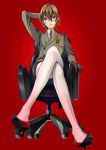  1boy akechi_gorou chair crossdressinging from_below gloves hand_behind_head high_heels legs_crossed lipstick looking_at_viewer makeup mitsuha_(bless_blessing) necktie office_chair pale_skin persona persona_5 red_background red_eyes rown_hair short_hair simple_background sitting slo trap uniform 