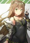  1girl armpit_peek bangs bare_shoulders black_choker black_gloves black_shirt blush bow breasts brown_hair camisole camouflage_jacket choker cleavage closed_mouth collarbone commentary_request covered_navel double_bun fingerless_gloves floating_hair fur-trimmed_jacket fur_trim girls_frontline gloves green_bow green_eyes groin hair_bow hair_ornament hand_up highres jacket light long_hair looking_at_viewer medium_breasts off_shoulder pnt_(ddnu4555) radiation_symbol rfb_(girls_frontline) shirt sidelocks simple_background single_glove sleeveless sleeveless_shirt smile solo upper_body v zipper zipper_pull_tab 