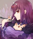  1girl bangs breasts brown_background cleavage collarbone commentary_request crystal dress fate/grand_order fate_(series) fur_trim hanasaki_nm jewelry large_breasts long_hair looking_at_viewer purple_dress purple_hair red_eyes scathach_(fate)_(all) scathach_skadi_(fate/grand_order) solo tiara upper_body wand 