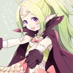  1girl bandaid bandaid_on_arm bandaid_on_face black_gloves bow circlet fire_emblem fire_emblem:_kakusei gloves green_hair grey_background long_hair mamkute nintendo nowi_(fire_emblem) open_mouth pherae pink_bow pointy_ears ponytail simple_background solo violet_eyes 