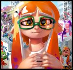 bangs black_border blue_sky blunt_bangs blurry border closed_mouth commentary day depth_of_field domino_mask english_commentary fangs fangs_out furrowed_eyebrows half-closed_eyes hands_up highres inkling long_hair looking_at_viewer mask nintendo nose orange_eyes orange_hair outdoors pointy_ears shnider short_eyebrows short_sleeves sideways_mouth sky smile solo_focus splatoon tentacle_hair thick_eyebrows 