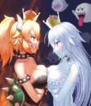  (tat) 2girls bare_shoulders blonde_hair blue_eyes boo bowsette breast_press breasts cleavage crossed_arms dress fang frills from_side genderswap genderswap_(mtf) ghost half-closed_eyes highres horns looking_at_another super_mario_bros. medium_breasts multiple_girls new_super_mario_bros._u_deluxe nintendo personification ponytail princess_king_boo red_eyes sharp_teeth sleeveless smile spiked_shell strapless super_crown symmetrical_docking teeth tongue upper_body white_hair white_skin 