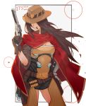  1girl belt border breasts brown_gloves brown_hair cape cigar commentary covered_eyes cowboy_hat cowboy_shot english english_commentary facing_viewer genderswap genderswap_(mtf) gloves grey_border grin gun hand_on_hip hand_up handgun hat hat_over_eyes highres holding holding_gun holding_weapon holster long_hair mccree_(overwatch) mechanical_arm open_mouth overwatch revolver short_sleeves simple_background smile smoking solo standing weapon white_background xu_rui 