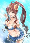  1girl :d absurdres ahoge armlet beatrix_(granblue_fantasy) bikini bikini_skirt blue_bikini bracelet breasts brown_eyes brown_hair character_request choker cleavage collarbone day eyebrows_visible_through_hair floating_hair flower from_above granblue_fantasy hair_between_eyes hair_flower hair_ornament hibiscus highres jewelry kimura_neito large_breasts long_hair necklace open_mouth outdoors pleated_skirt ponytail shiny shiny_hair sketch skirt smile solo standing swimsuit very_long_hair wading 
