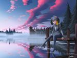  1girl absurdres artist_name bangs black_gloves black_hair bodystocking breast_pocket building clouds cloudy_sky collared_shirt eyebrows_visible_through_hair fingerless_gloves fog forest full_body gloves grey_hair grey_shirt grey_shorts hair_between_eyes highres kemono_friends lake lamiho long_sleeves low_ponytail medium_hair morning multicolored_hair nature necktie no_shoes orange_hair outdoors pier pocket reflection scenery shirt shoebill_(kemono_friends) short_over_long_sleeves short_sleeves shorts side_ponytail sitting sky solo tree water white_neckwear 