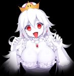  1girl :d bangs black_background breasts cleavage crown earrings eyebrows_visible_through_hair fang gloves hair_between_eyes hands_up jewelry large_breasts long_hair looking_at_viewer luigi&#039;s_mansion super_mario_bros. new_super_mario_bros._u_deluxe nintendo no_nose open_mouth princess_king_boo red_eyes shokuane short_sleeves smile solo super_crown super_mario_bros. tongue tongue_out upper_body white_gloves white_hair white_skin 